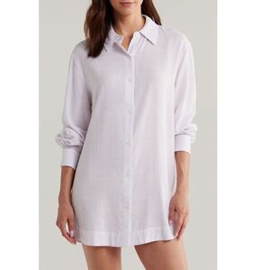 Eberjey Nautico Stripe Long Sleeve Cooling Nightshirt, Large, White Lavender NWT